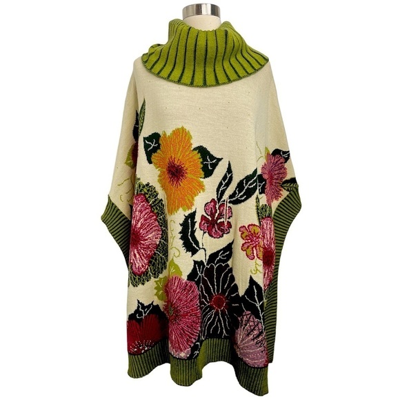 Didier Parakian Floral Multicolored Knit Poncho Sweater With Cowl Neckline O/S - Picture 1 of 13